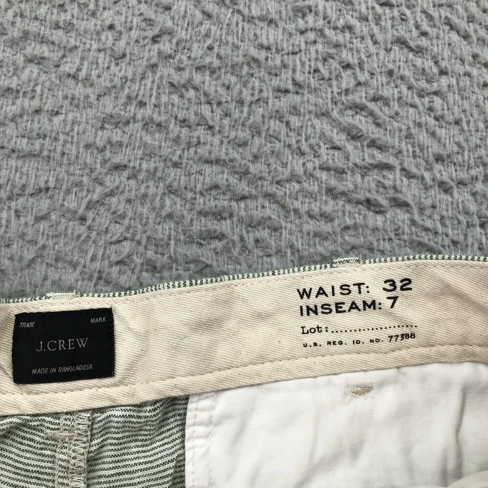 J. Crew Shorts Mens 32 Green Striped Chino Flat Front 7 Inseam Linen Casual